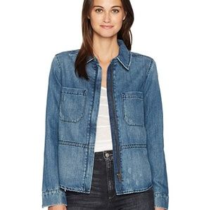 Slightly distressed Anthro denim zip up, size M